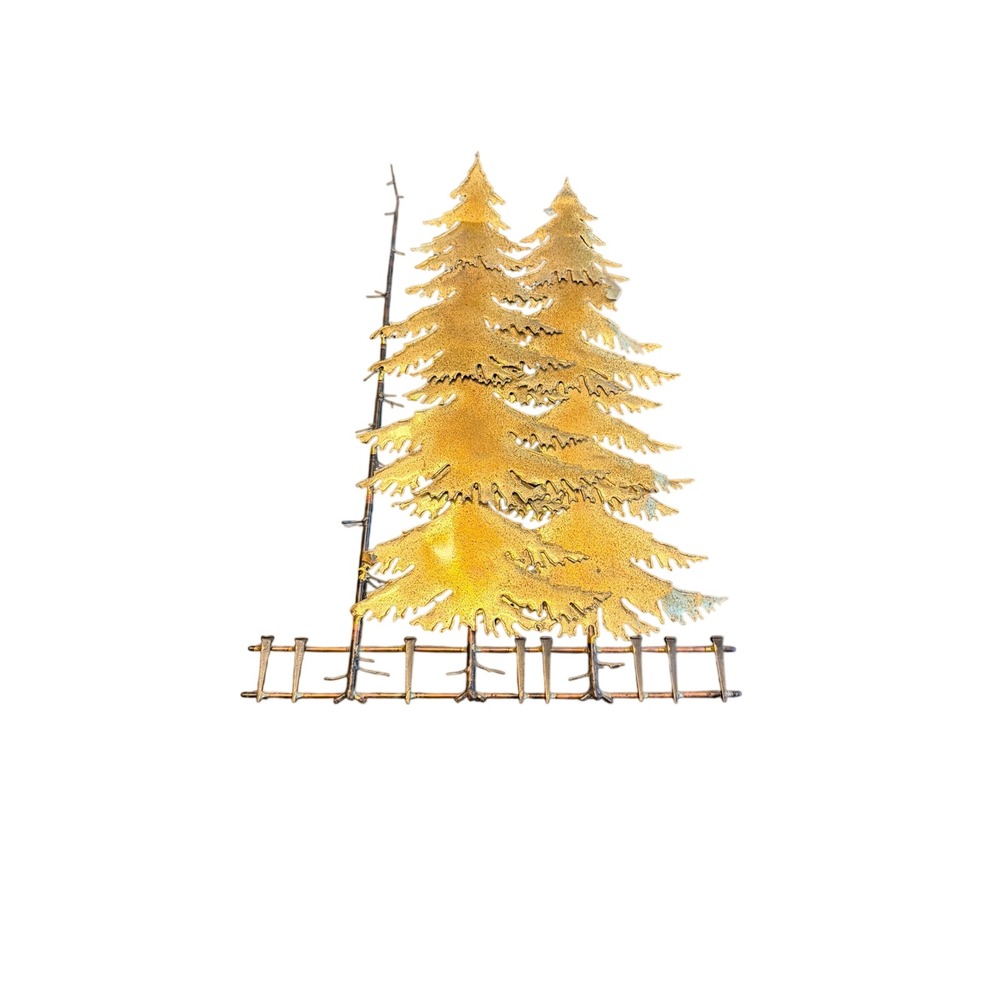 Vintage Brutalist Metal Wall Art Gold Pine Trees MCM Torch Cut Forest Sculpture